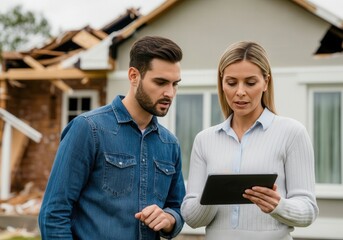 Insurance agent showing damage on tablet to client after natural disaster
