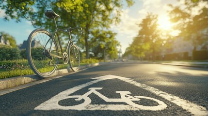 Obraz premium Smooth asphalt bike lane with directional arrow and bike symbol, in sharp detail under the clear sky.
