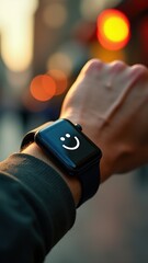 Digital watch on hand with smiley face icon, representing happiness, motivation, and tracking positive emotions.