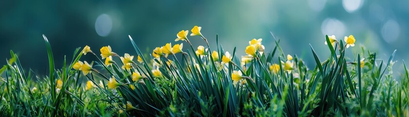 Fototapeta premium Vibrant Daffodil Field in Early Spring: A Sea of Bright Yellow Blooms Under Clear Blue Skies