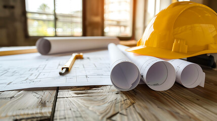 Yellow hard hat and blueprints on wooden table. Construction concept.
