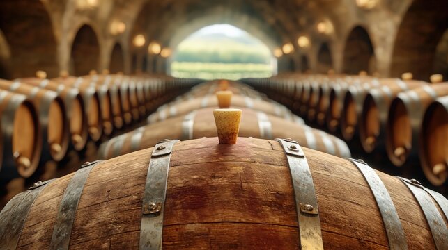 Wooden wine barrels in a dimly lit cellar creating a rustic ambiance during daytime
