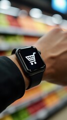 Fototapeta premium Smartwatch on hand showing shopping cart icon, symbolizing retail convenience, e-commerce tracking, and shopping list management.