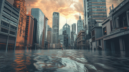 Miasto całkowicie zanurzone w wodzie, co ilustruje urbanistyczną wrażliwość na zmiany klimatyczne.
