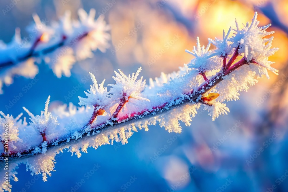 Poster captivating close-up of a frozen branch on a light background with ample copy space for text, perfec