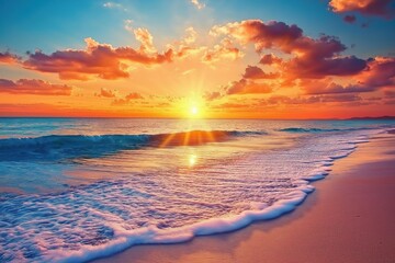 Fototapeta premium The sun is setting over the ocean, casting a warm glow on the water. The sky is filled with clouds, creating a serene and peaceful atmosphere. The waves gently lap against the shore