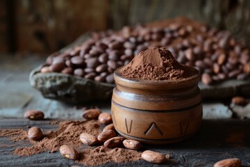 Cocoa powder is overflowing from a wooden bowl surrounded by cocoa beans on a wooden table