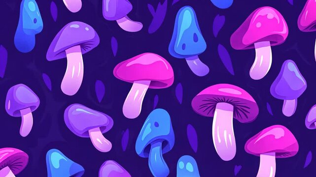 A digital illustration of colorful mushrooms against a dark purple background