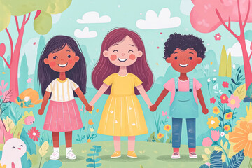 Diverse children's friendship in a vibrant garden setting