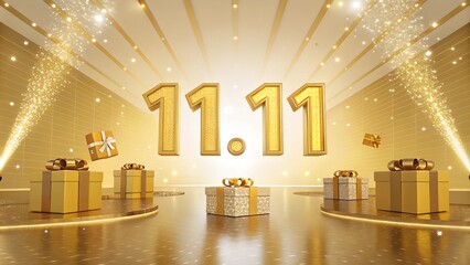 A 3D rendered golden shopping scene with oversized gift boxes, celebrating the 11.11 shopping festival.