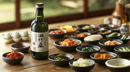 Soju bottle with an array of Korean side dishes on a table, with kimchi, pickled vegetables, and dipping sauces in small bowls.