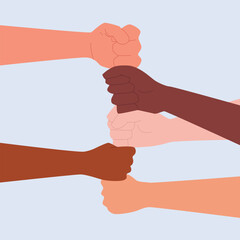Equality and Disability Multiracial Group Concept. Hands of Black, Asian and Caucasian people - Symbol of Unity Support.  Flat Vector Illustration.