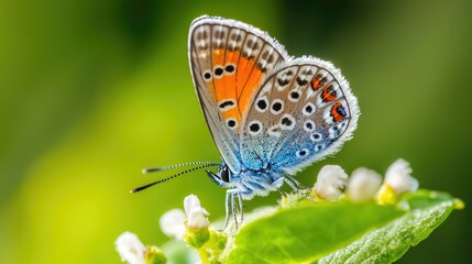 Obraz premium A blue, orange, and brown butterfly with black spots on its wings is perched on a green leaf with white flowers.