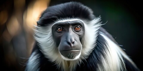 Obraz premium Striking monochrome portrait of a Colobus monkey in the Utah Zoo's dim light.