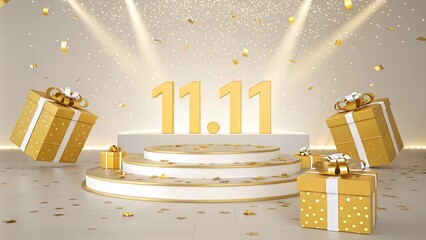 A modern golden festival scene with the date '11.11,' celebrating the annual shopping event.