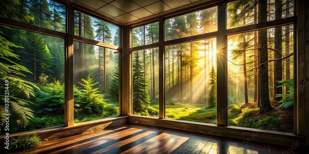 Poster captivating double exposure of lush forests framing a window view, merging nature and architecture i