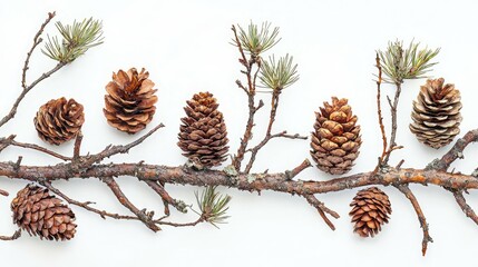 A branch with pine cones and needles isolated on a white background.