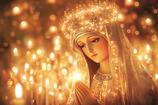 photo of an icon of the Mother of God in a traditional style, with candles and reverent decoration.