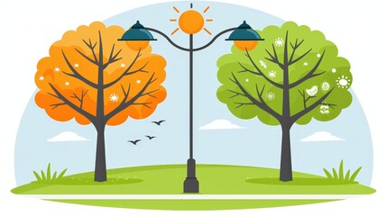 Obraz premium A serene park scene featuring two colorful trees, a streetlamp, and a bright sun, evoking a peaceful and vibrant outdoor atmosphere.
