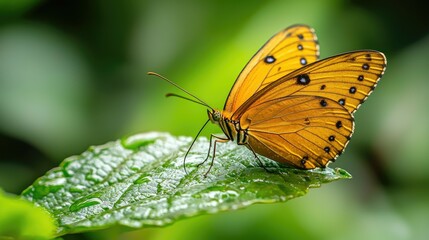 Fototapeta premium A bright orange butterfly with black spots rests on a green leaf.