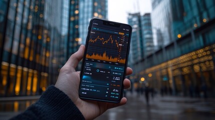 Closeup of a hand holding a phone with stock market data on the screen, with a blurred cityscape in the background.