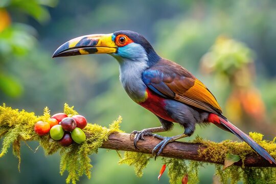 Toucan in Mindo, Ecuador, playfully tosses fruit.  Candid wildlife moment.