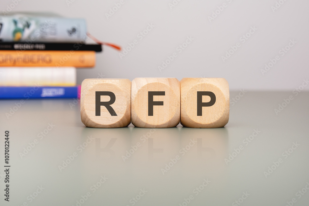Poster wooden blocks displaying rfp letters set against a clean and minimalist background design