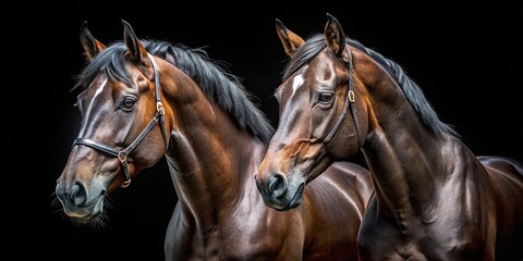 Obraz premium Two dark horses, isolated, panoramic, black backdrop.