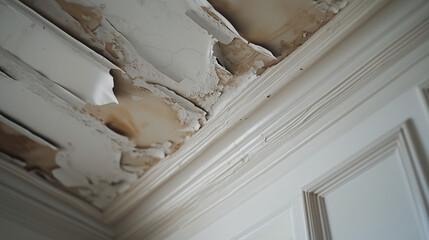 Sufit w stanie krytycznym, z widocznymi plamami i złuszczającą się farbą. 