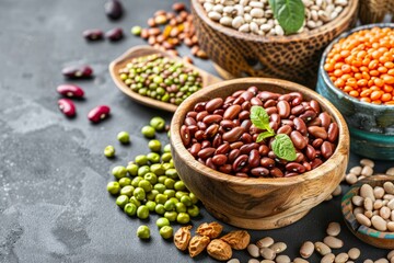 Fototapeta premium Different types of legumes spilling from wooden bowls on a dark surface
