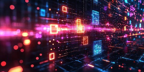 Naklejka premium Abstract Digital Network with Illuminated Nodes and Data Flow