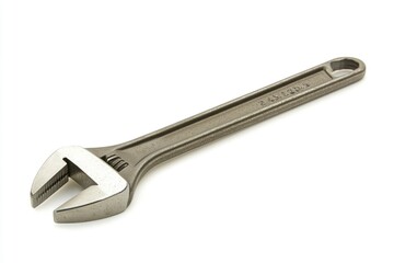 A close-up shot of a silver adjustable wrench isolated on a white background.