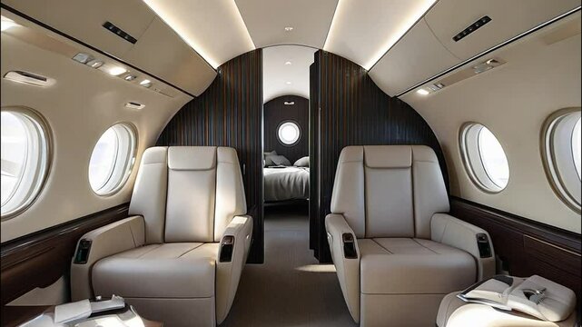 Luxurious interior of a private jet with spacious leather seats and elegant design, emphasizing comfort and exclusivity