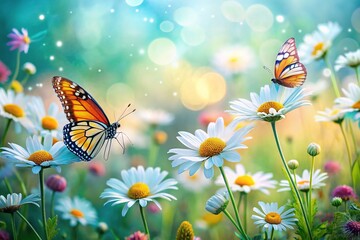 Vibrant Watercolor Butterflies & Daisies - High Depth of Field