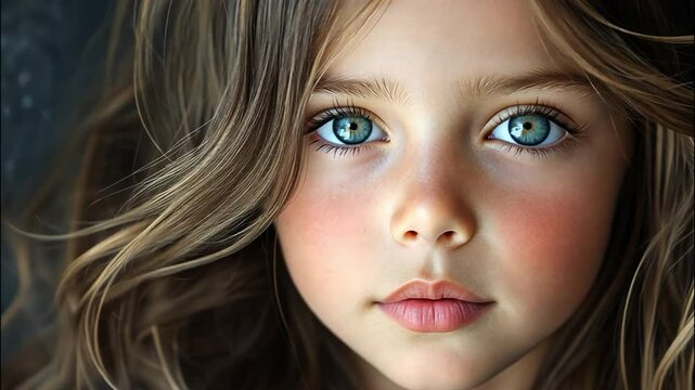 Close-up portrait of a young girl with striking blue eyes and soft features, exuding innocence and beauty