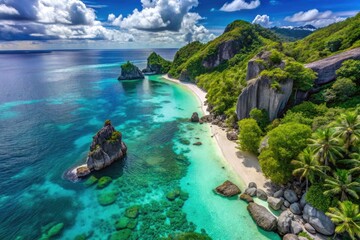 Aerial View of Exotic Beach with Turquoise Waters and Unique Rock Formations, Ideal for Travel and Nature Photography