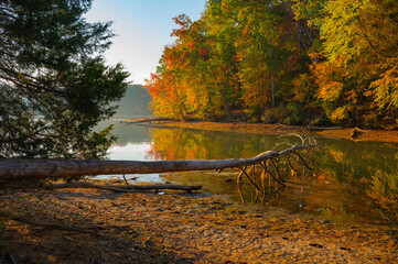 A beautiful autumn morning on Chickamauga Lake, with fall colors reflected in the still water