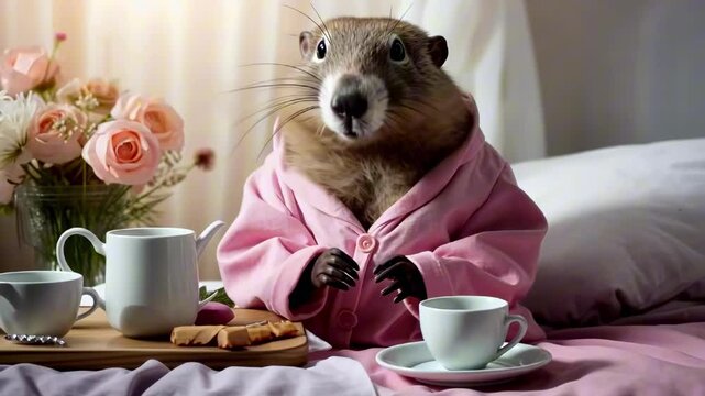 A groundhog relaxes in bed, wearing a pink robe, sipping tea, and enjoying breakfast as part of a festive Groundhog Day tradition