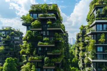Modern buildings adorned with lush greenery in an urban environment showcase sustainable architecture on a sunny day