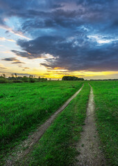 Road in a field with a sunset in the background