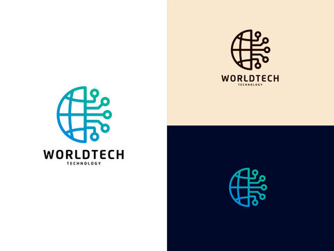 Abstract circle tech with dot connection logo design. Global globe symbol logo inspiration
