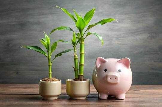piggy bank next to lucky bamboo. Money fengshui plant