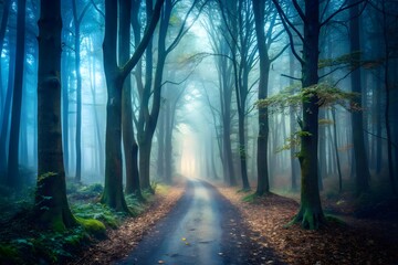 Fototapeta premium dark path in mysterious eerie forest with fog and mist