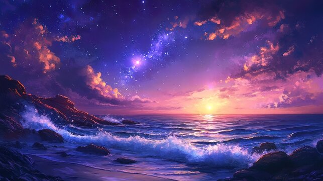 A vibrant sunset over the ocean, with a bright starry sky and crashing waves on the rocky shore. - Powered by Adobe