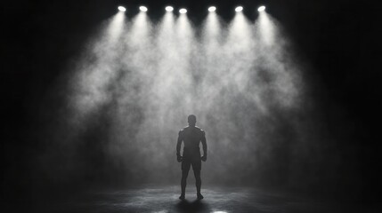 Fototapeta premium Black and white image of boxer in ring, mist surrounding and bright lights overhead