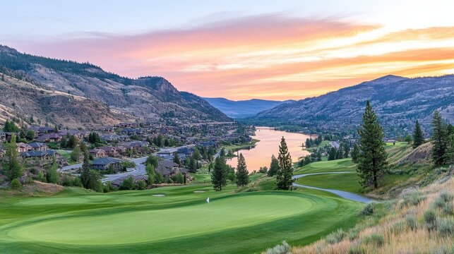 Experience the tranquil beauty of a picturesque golf course at sunset overlooking the serene river and rolling hills