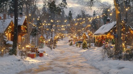 Festive Winter Street, Snow-Covered Village