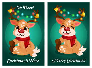 Fototapeta premium Oh Deer! Christmas is Here and Merry Christmas Greeting Card Designs with Cute Reindeer Illustrations