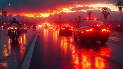 Police car and motorcycle patrolling the streets at night. Generative AI