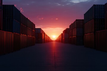 Fototapeta premium Container yard bathed in golden light at sunrise, showcasing vibrant colors and industry in harmony.